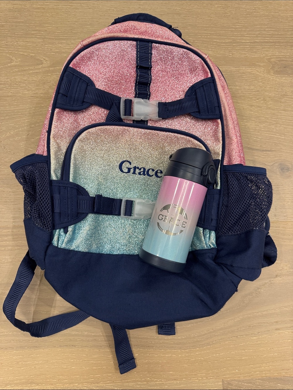Pottery Barn Kids Pink and Navy Blue Glitter Backpack with Matching Water Bottle